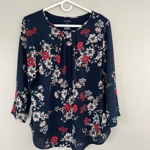 Van Heusen Navy Floral 3/4 Sleeve Pleat-Front Blouse